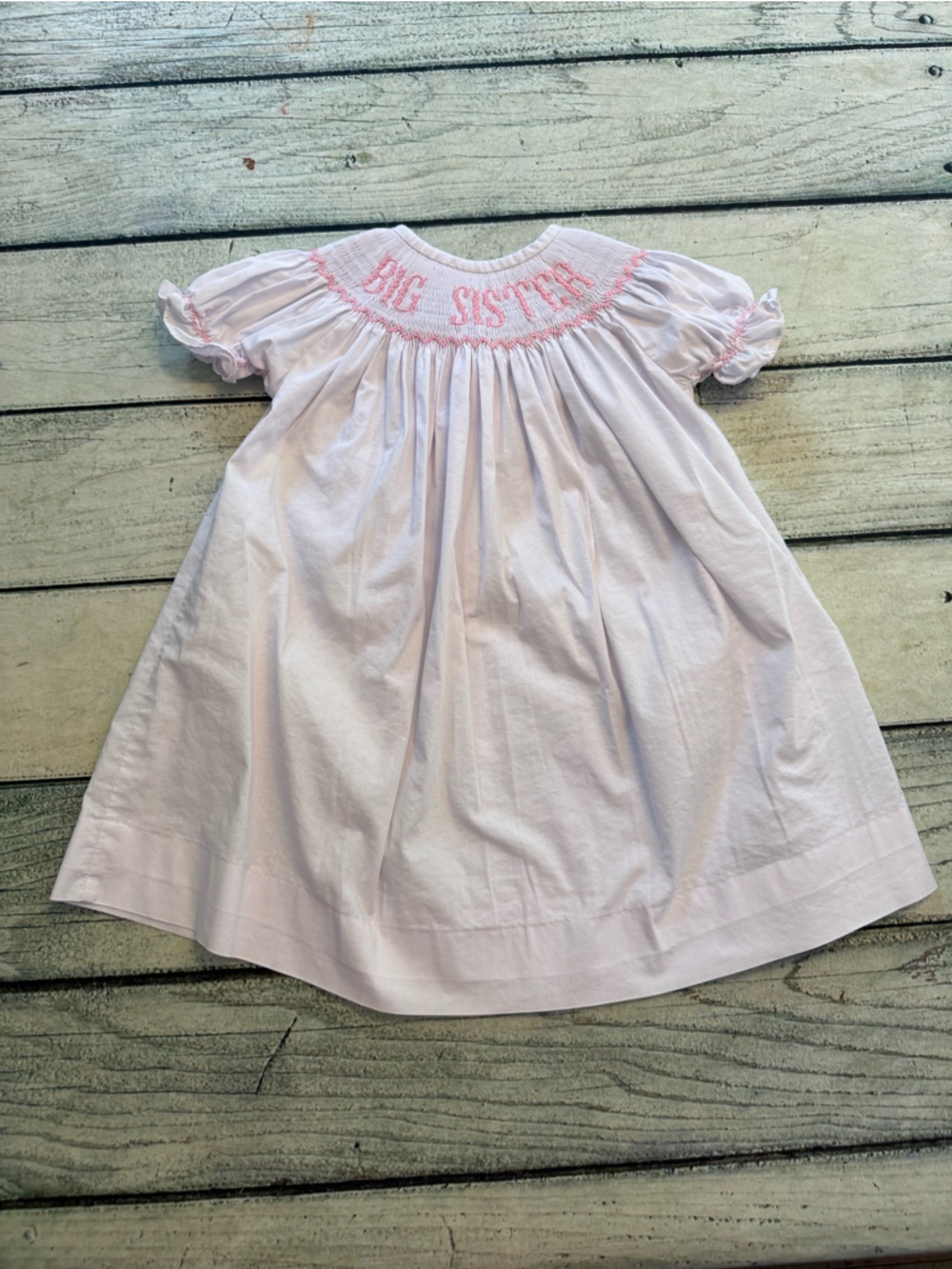 Pleats & Stitches Pink Big Sister smocked bishop dress. 18 months